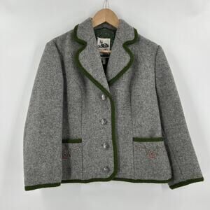 Trachten Blazer Womens Size 8 Wool Gray Jacket Embroidered Austria Traditional